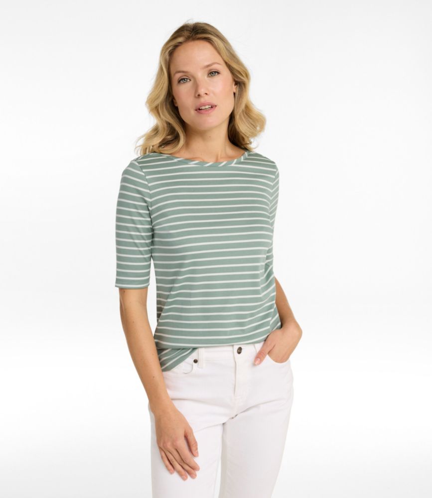 Women's Pima Cotton Tee, Elbow-Sleeve Boatneck Stripe