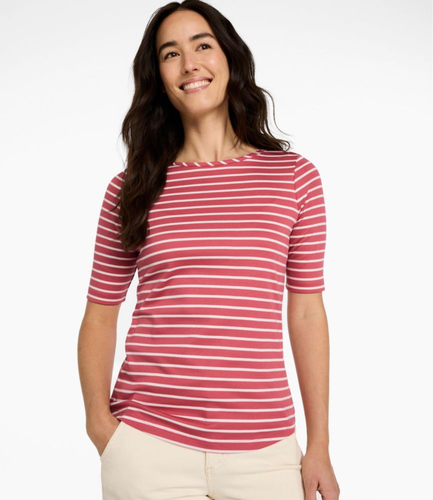 Women's Pima Cotton Tee, Elbow-Sleeve Boatneck Stripe