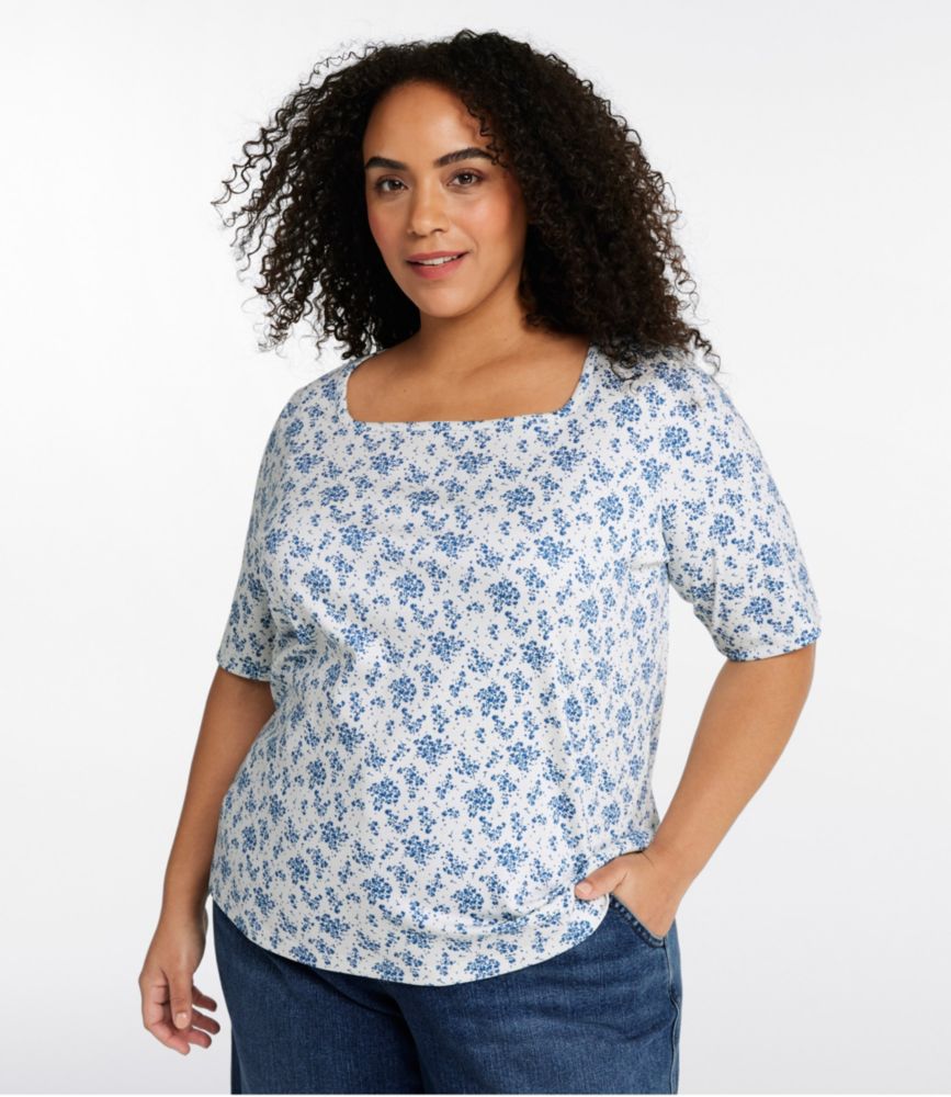Women's Pima Cotton Tee, Soft Squareneck Elbow-Sleeve, Sea Salt Floral Bunch, small image number 2