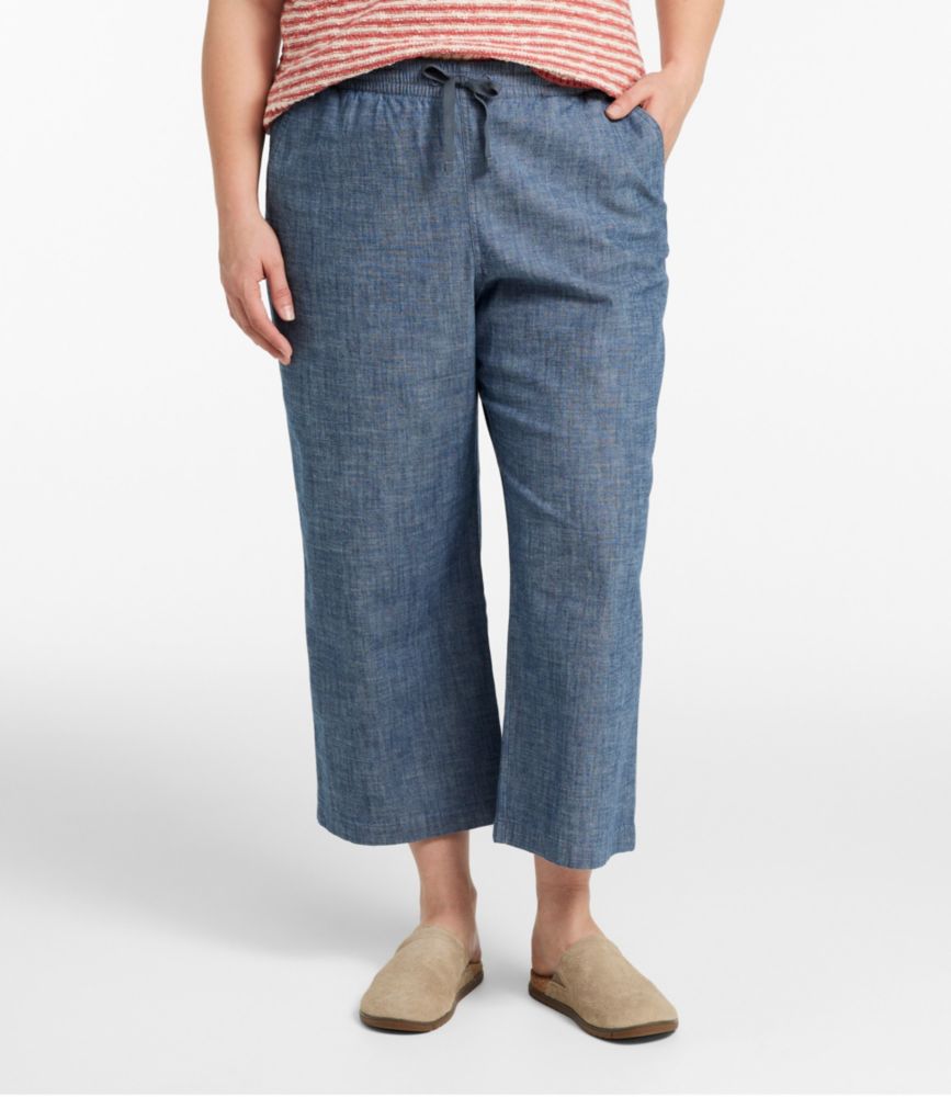 Women's Lakewashed Pull-On Chinos, Mid-Rise Wide-Leg Crop Chambray