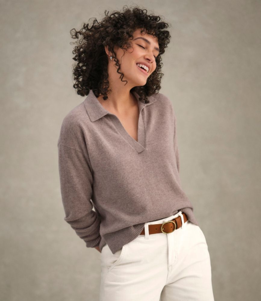 Women's Classic Cashmere Sweater, Relaxed Polo, Camel Heather, small image number 12