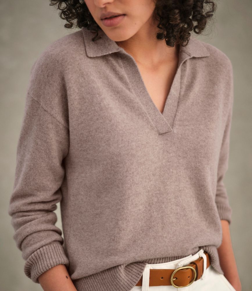 Women's Classic Cashmere Sweater, Relaxed Polo, Camel Heather, small image number 13