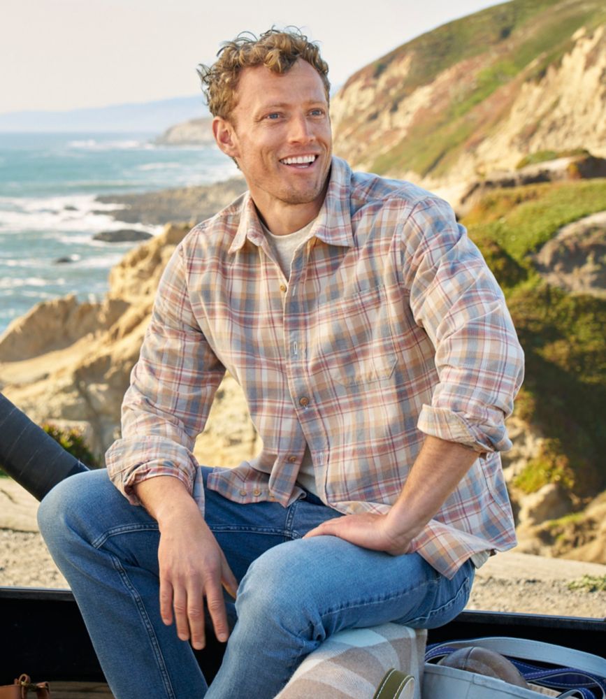 Men's Sunwashed Corduroy Shirt, Slightly Fitted Untucked Fit, Plaid