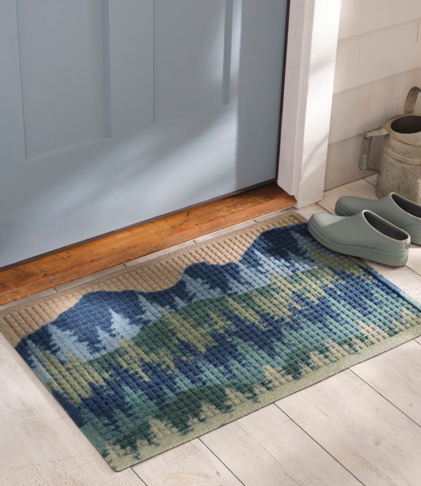 Printed Recycled Waterhog Doormat, Pine Trees, Blue/Green, small image number 4