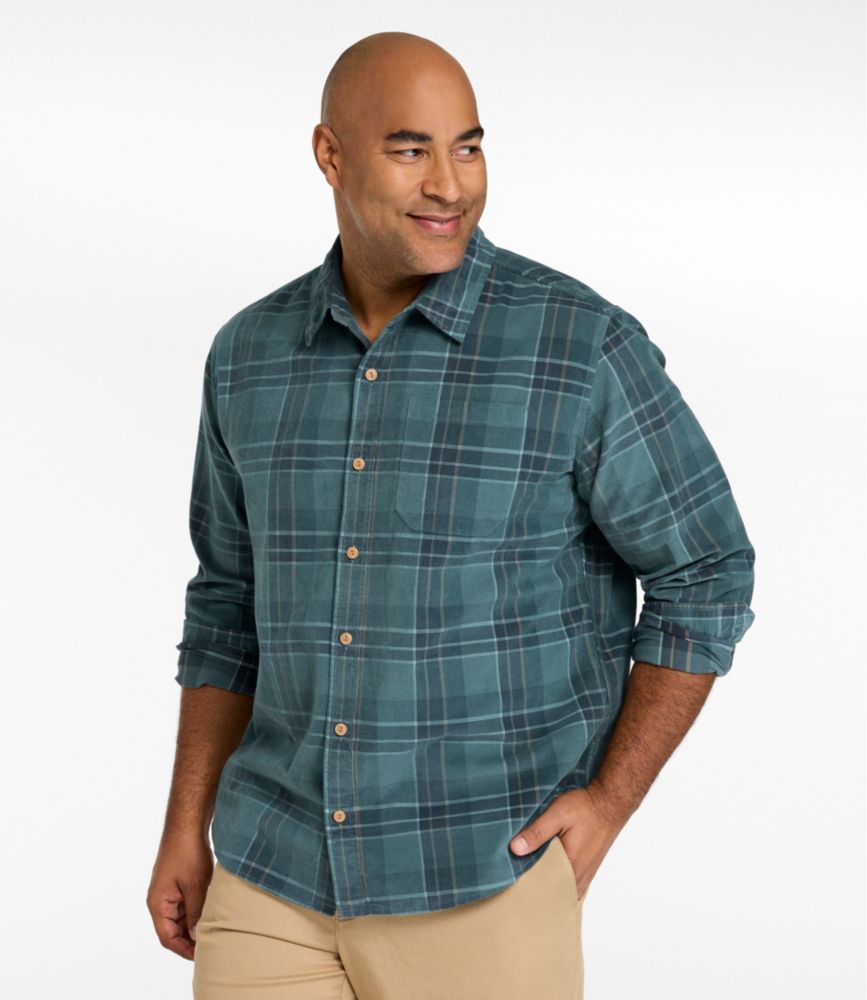 Men's Sunwashed Corduroy Shirt, Slightly Fitted Untucked Fit, Plaid