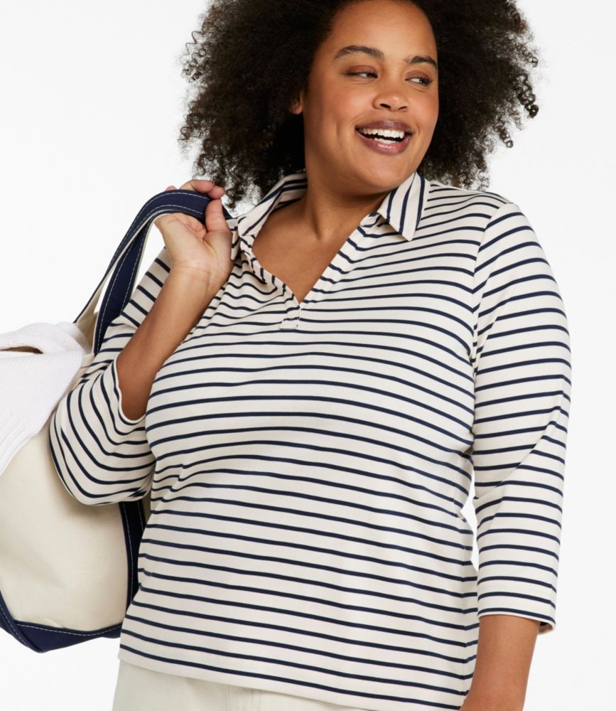 Women's Pima Cotton Tee, Three-Quarter-Sleeve Polo Stripe