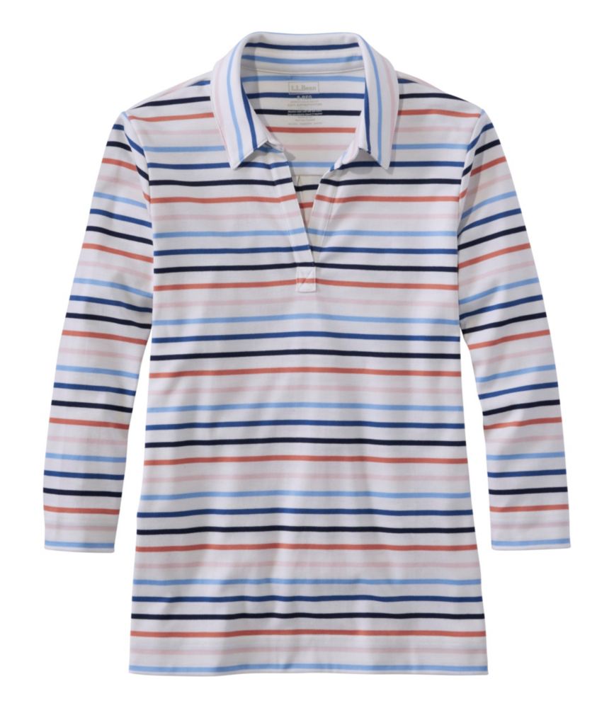 Women's Pima Cotton Tee, Three-Quarter-Sleeve Polo Stripe