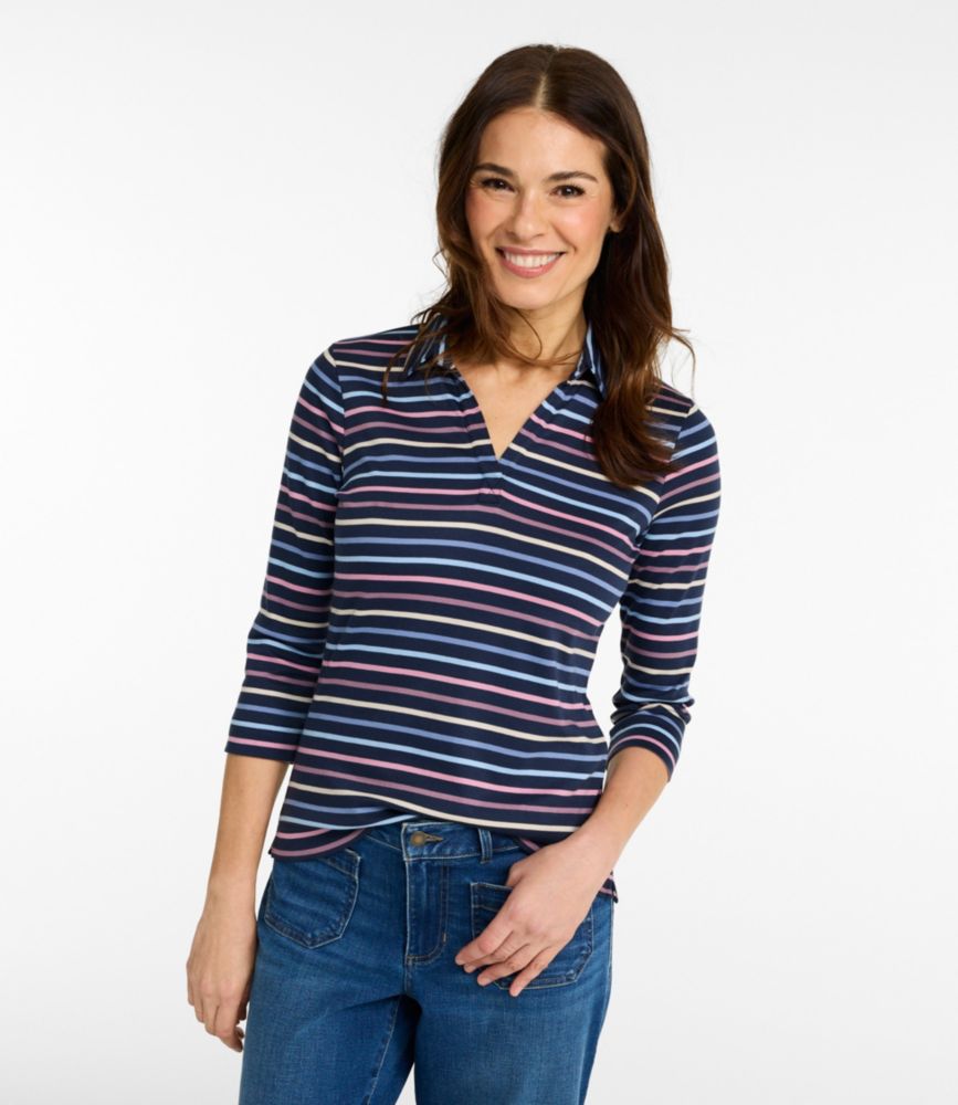 Women's Pima Cotton Tee, Three-Quarter-Sleeve Polo Stripe