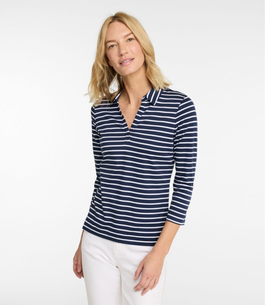 Women's Pima Cotton Tee, Three-Quarter-Sleeve Polo Stripe