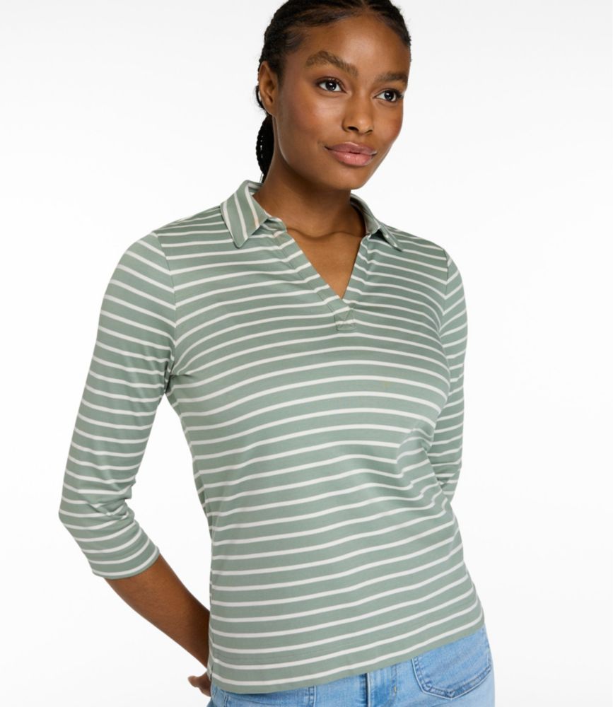 Women's Pima Cotton Tee, Three-Quarter-Sleeve Polo Stripe