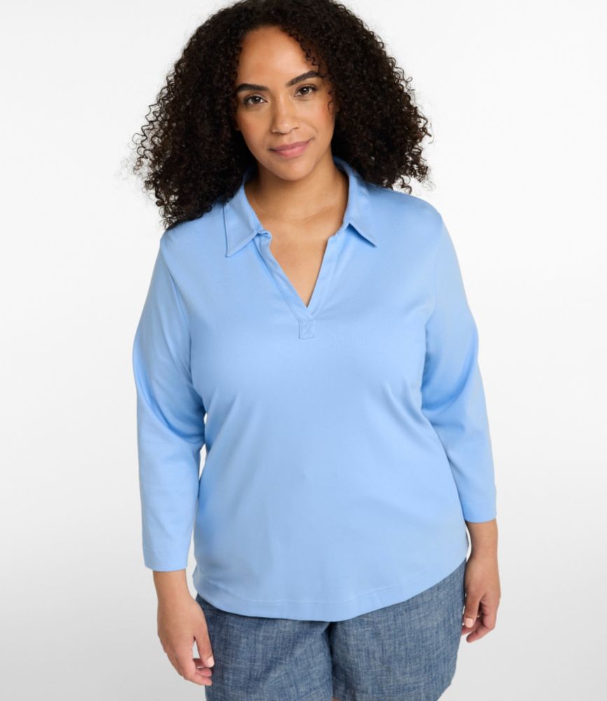 Women's Pima Cotton Tee, Three-Quarter-Sleeve Polo, Deep Lake, small image number 2