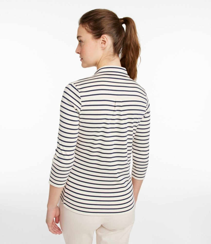 Women's Pima Cotton Tee, Three-Quarter-Sleeve Polo Stripe, Cream/Raven Blue, small image number 3