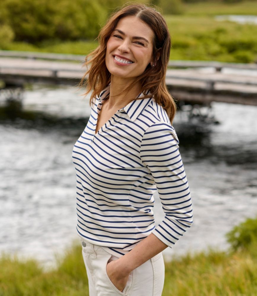 Women's Pima Cotton Tee, Three-Quarter-Sleeve Polo Stripe, Cream/Raven Blue, small image number 6