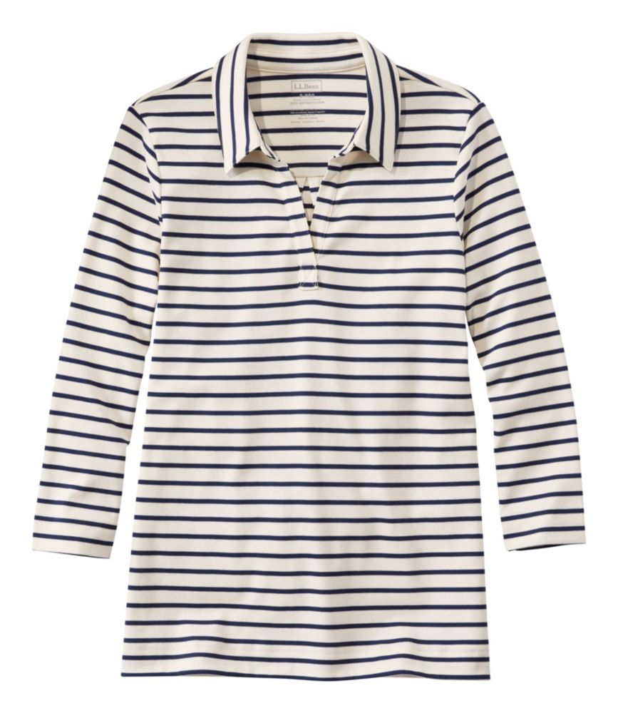 Women's Pima Cotton Tee, Three-Quarter-Sleeve Polo Stripe, Cream/Raven Blue, small image number 1