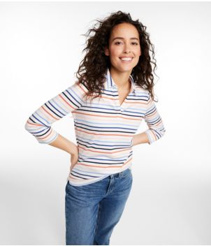 Women's Pima Cotton Tee, Three-Quarter-Sleeve Polo Stripe, New