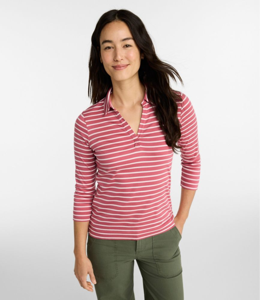 Women's Pima Cotton Tee, Three-Quarter-Sleeve Polo Stripe
