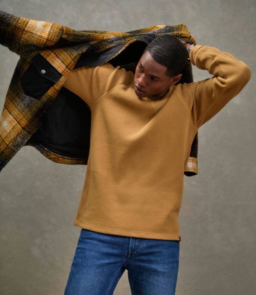 Men's Signature Mixed Media Fleece Shirt Jacket, Plaid, Black Slate/Dark Amber, small image number 7