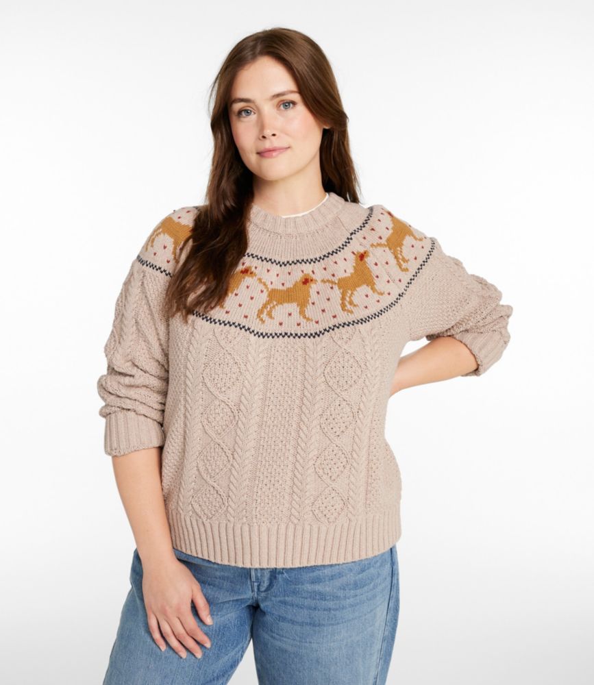 Women's Signature Cotton Fisherman Sweater, Crewneck Novelty, River Rock Dog Fair Isle, small image number 2