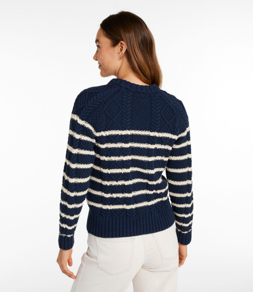 Women's Signature Cotton Fisherman Sweater, Crewneck Stripe, Navy/Beige, small image number 3