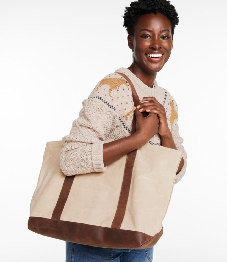 Leather-Trim Waxed Canvas Tote, Brown Leather, small image number 5