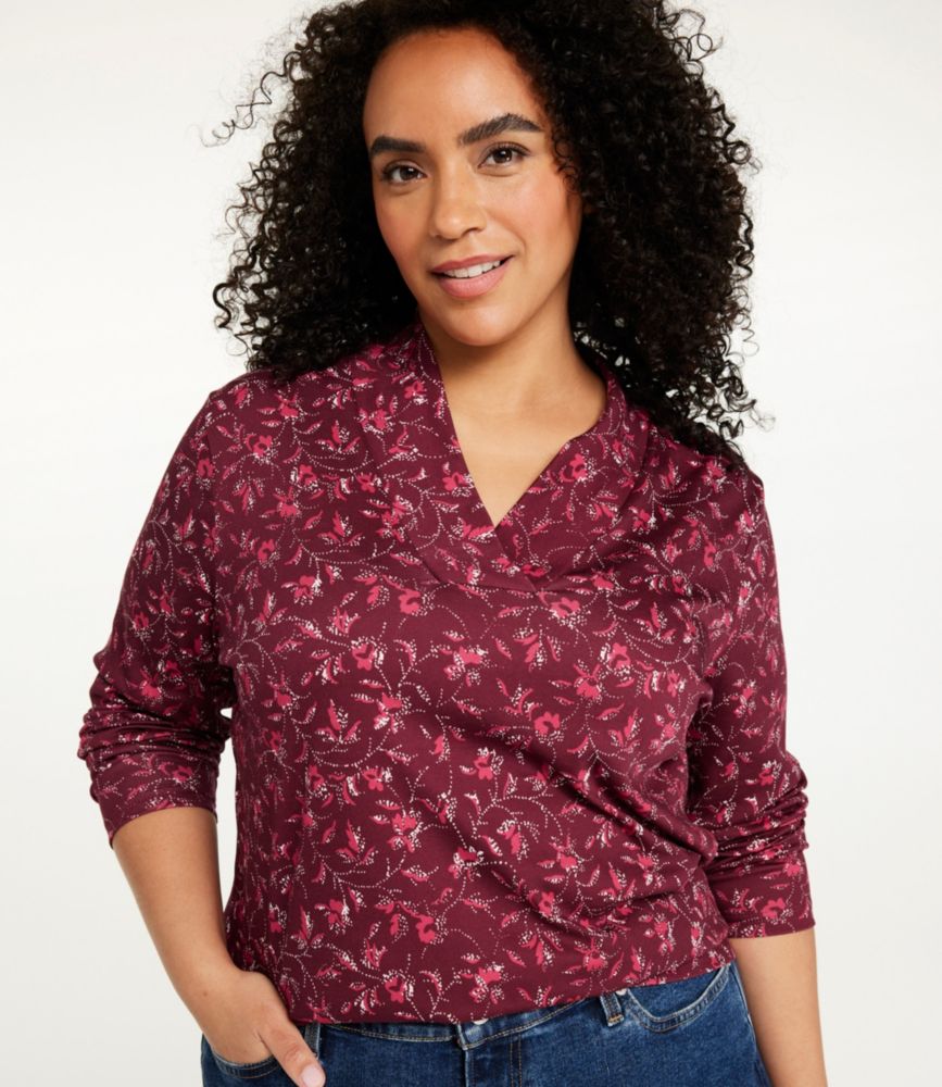 Women's Pima Cotton Tee, Shawl Long-Sleeve Print, Deep Rosewood Dot Floral, small image number 2