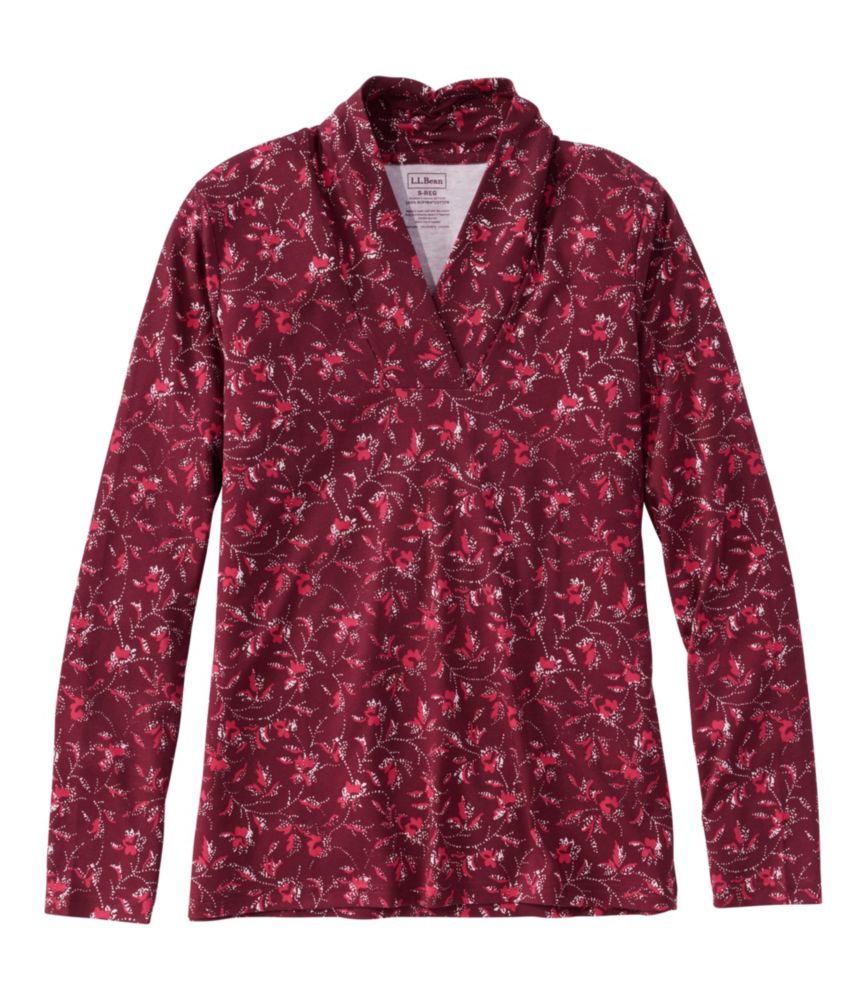 Women's Pima Cotton Tee, Shawl Long-Sleeve Print, Deep Rosewood Dot Floral, small image number 1