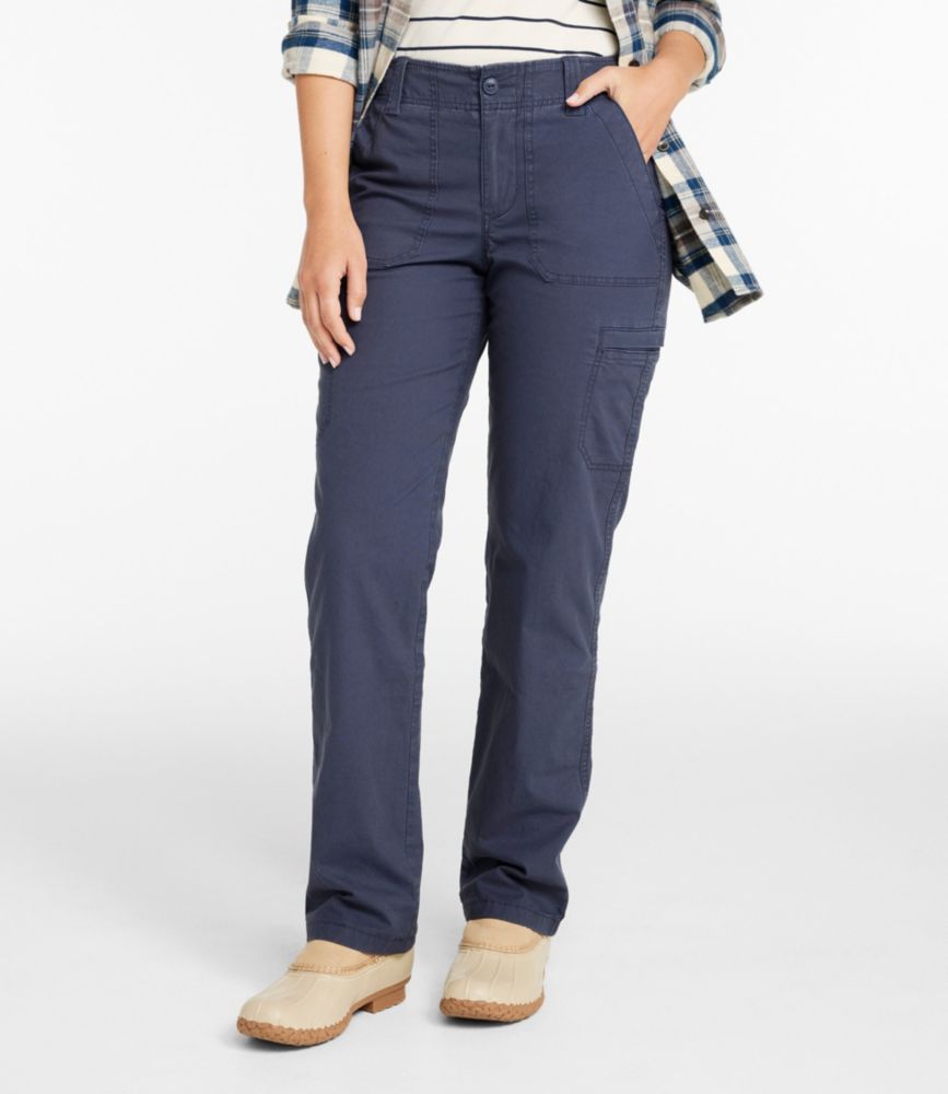 Women’s navy cotton canvas mid-rise straight-leg cargo pants worn with casual outfit.