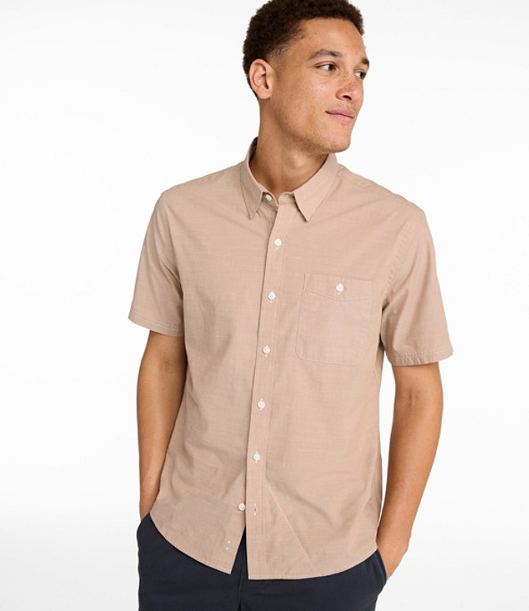 Comfort Stretch Performance Chambray Short Sleeve Shirt Slightly Fitted Men's Regular, Camel Brown, large image number 1