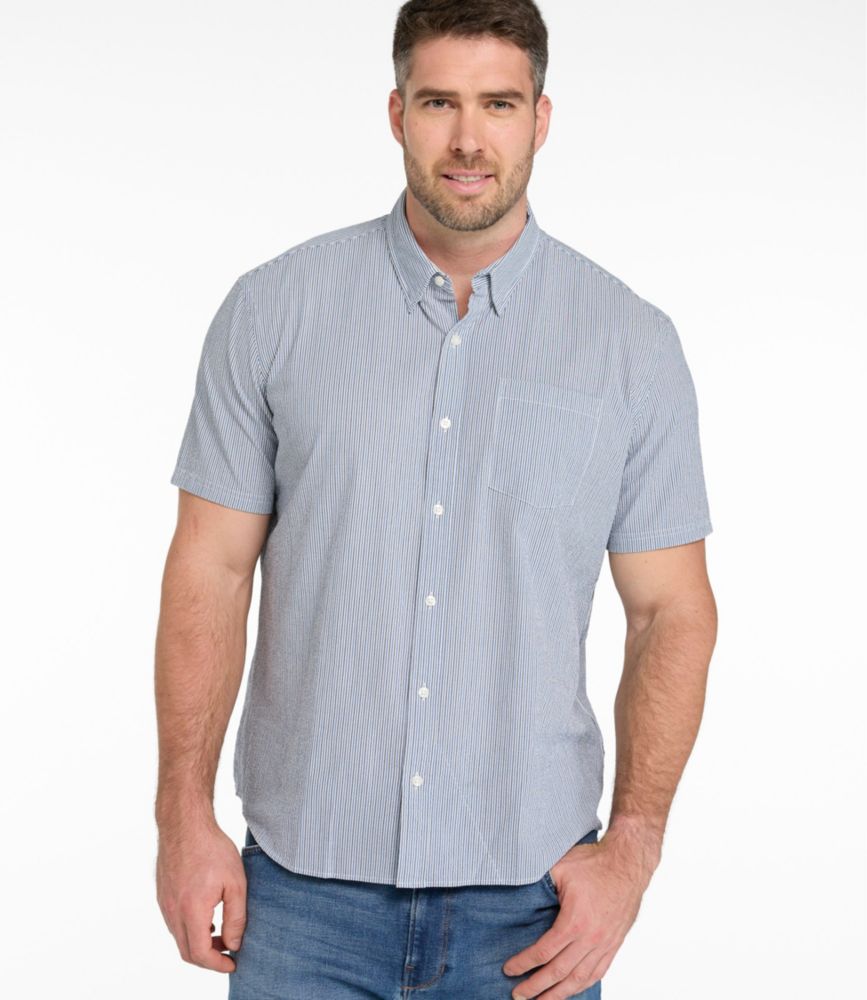 Men's Comfort Stretch Performance&reg; Seersucker Shirt, Short-Sleeve, Slightly Fitted Untucked Fit, Stripe, Classic Navy, small image number 4
