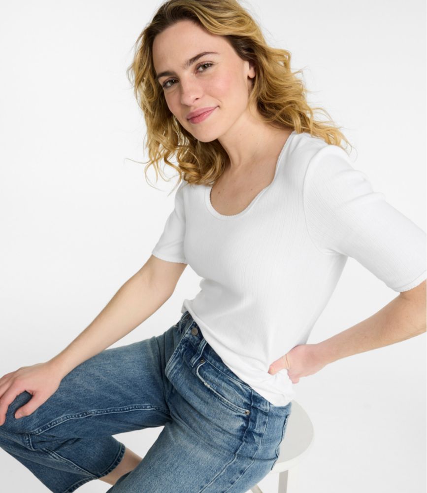Women's Signature Premium Essential Pointelle Tee, Elbow-Sleeve Scoopneck