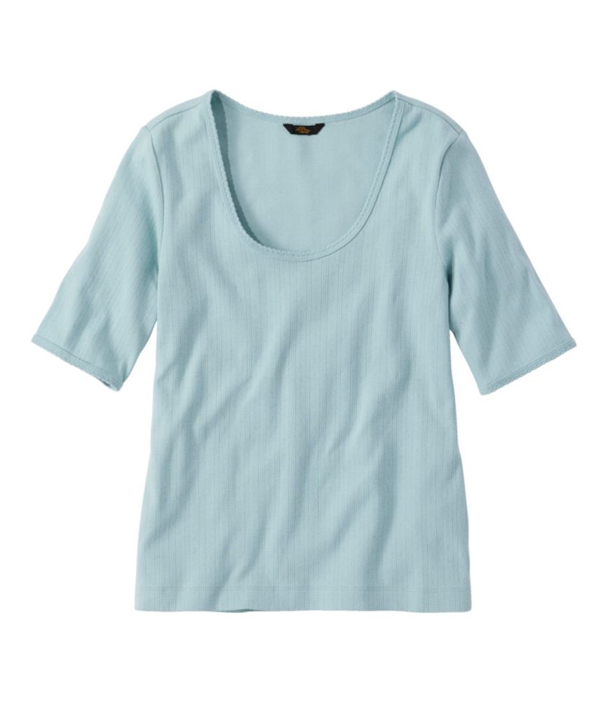 Women's Signature Premium Essential Pointelle Tee, Elbow-Sleeve Scoopneck, Oyster Blue, small image number 1