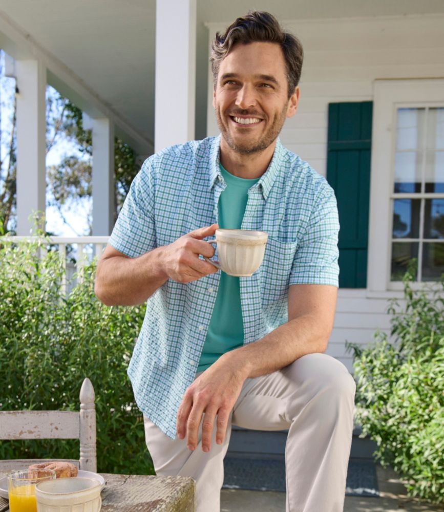 Men's Comfort Stretch Performance&reg; Seersucker Shirt, Short-Sleeve, Slightly Fitted Untucked Fit, Plaid, Pale Rose, small image number 9
