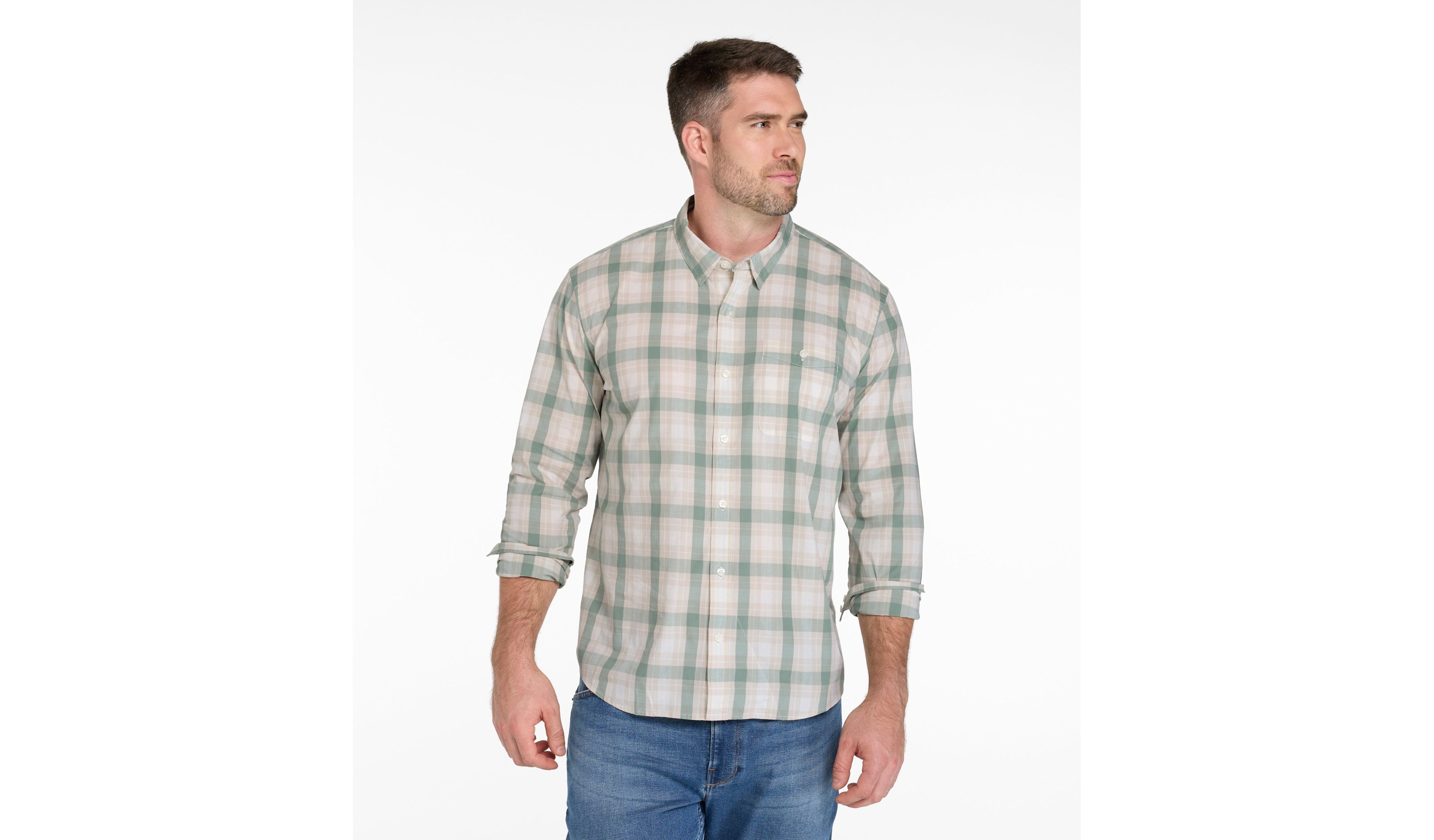 Men's Comfort Stretch Performance® Chambray Shirt, Slightly Fitted, Long-Sleeve, Plaid