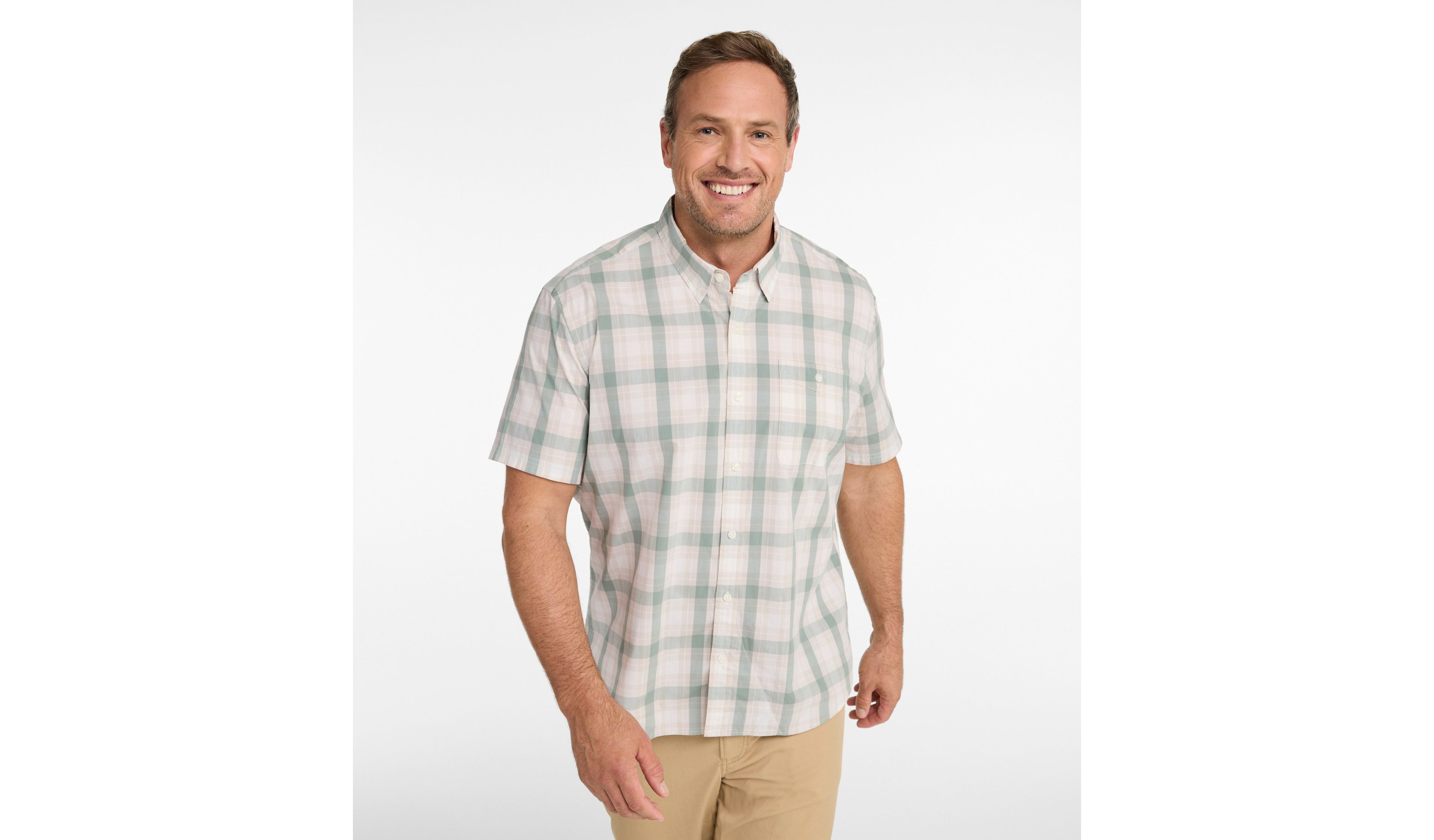 Men's Comfort Stretch Performance® Chambray Shirt, Slightly Fitted, Short-Sleeve, Plaid