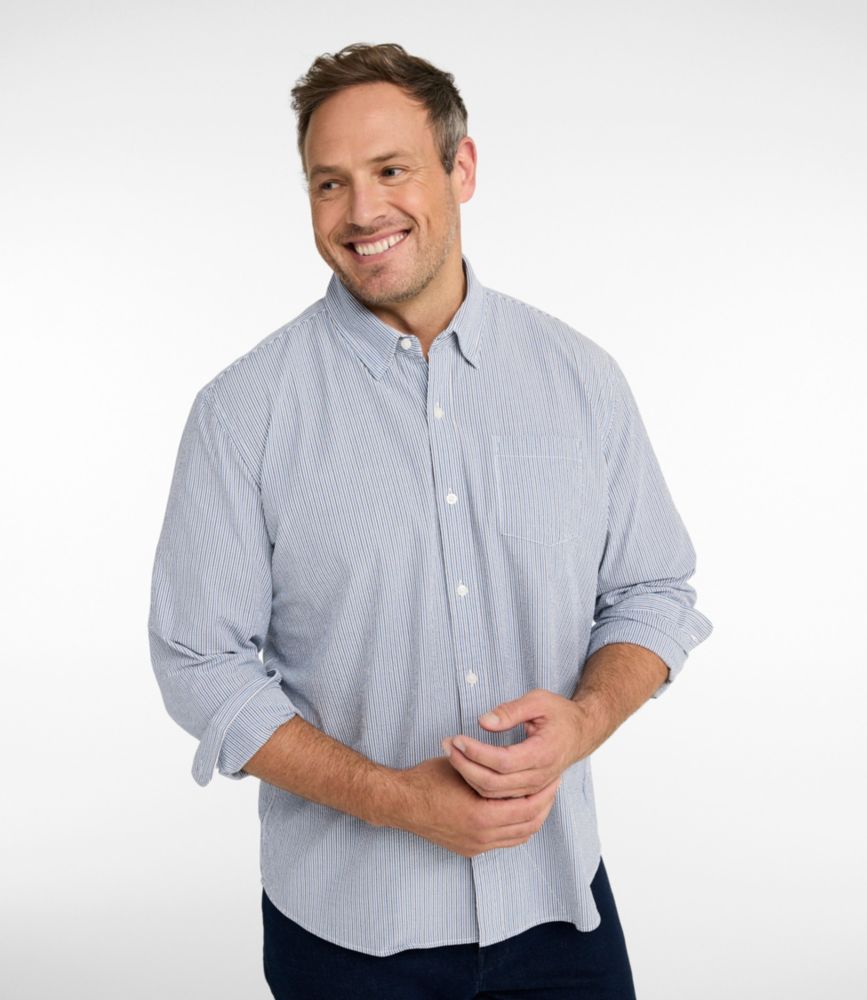 Men's Comfort Stretch Performance&reg; Seersucker Shirt, Long-Sleeve, Slightly Fitted Untucked Fit, Stripe, Classic Navy, small image number 4