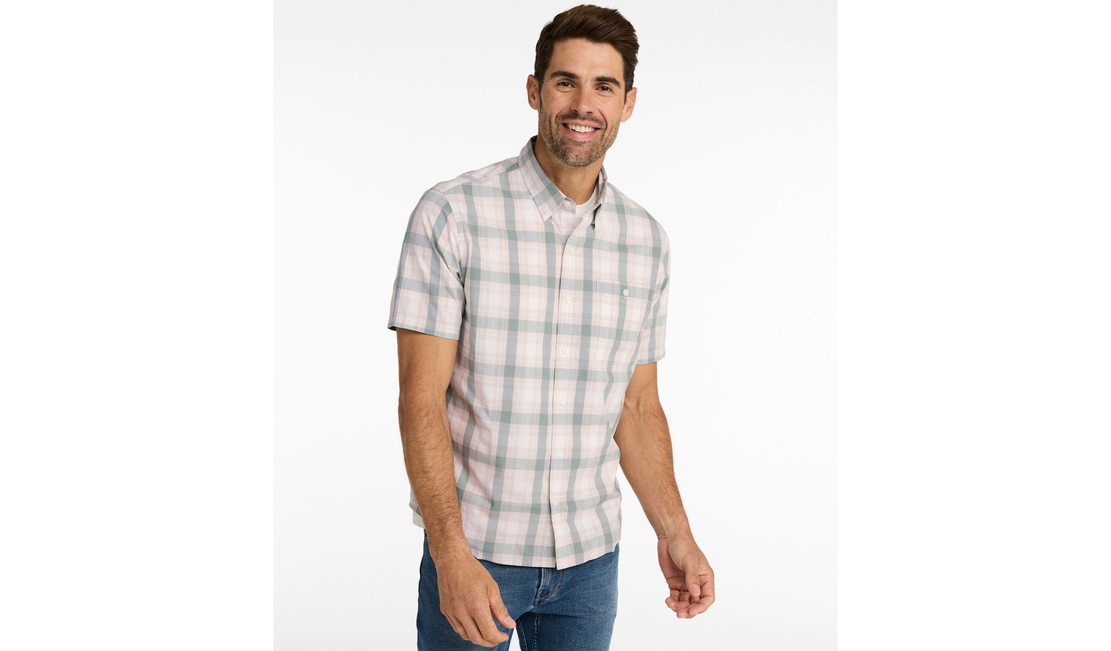 Men's Comfort Stretch Performance® Chambray Shirt, Slightly Fitted, Short-Sleeve, Plaid