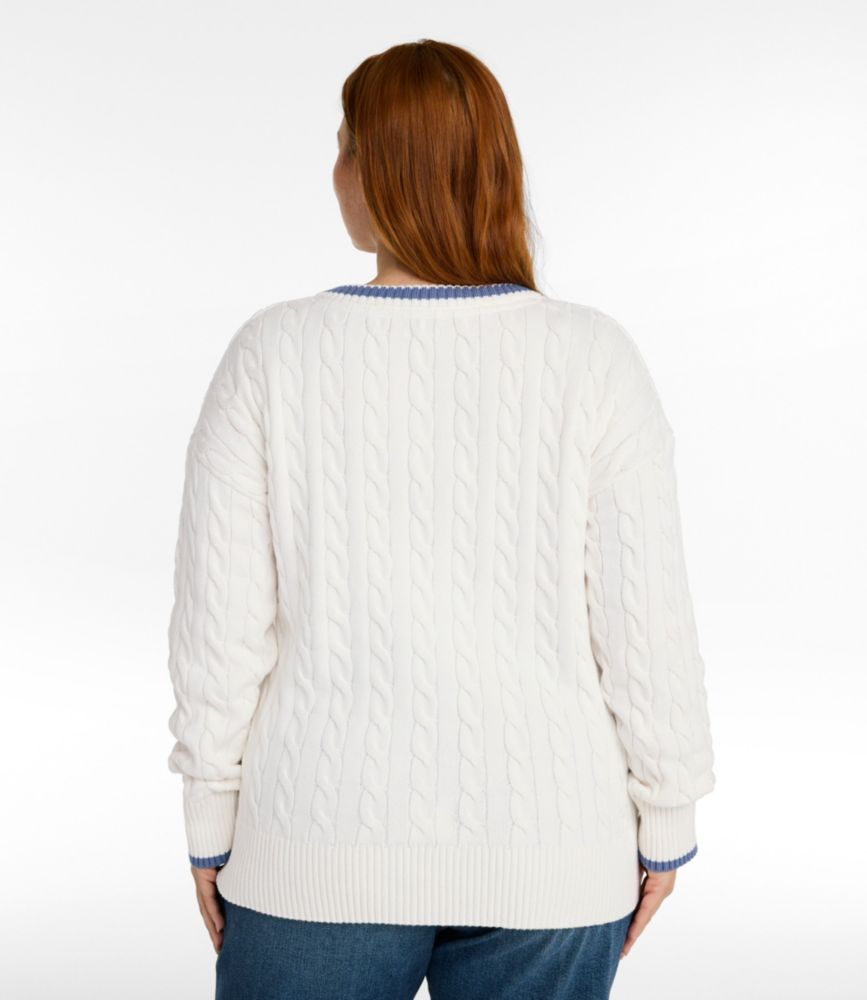Women's The Original Double L&reg; Sweater, Cable V-Neck, Sea Salt/Deep Lake Tipping, small image number 3