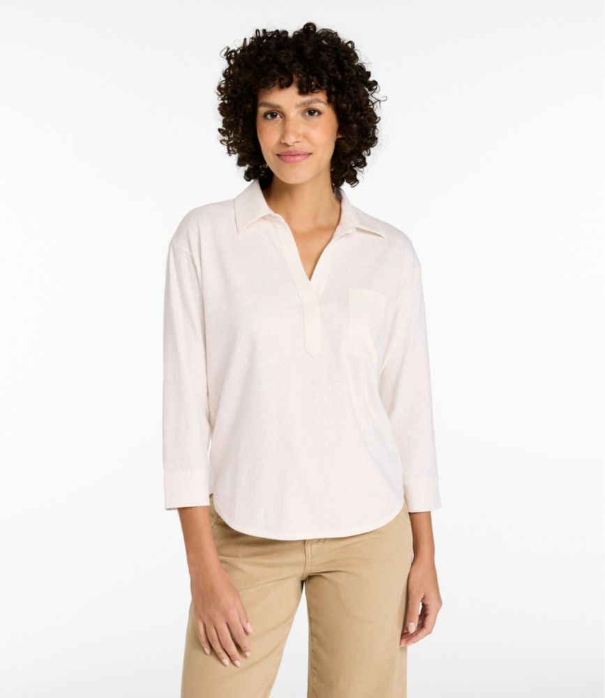 Women's Linen/Cotton Tee, Three-Quarter-Sleeve Splitneck Polo Print