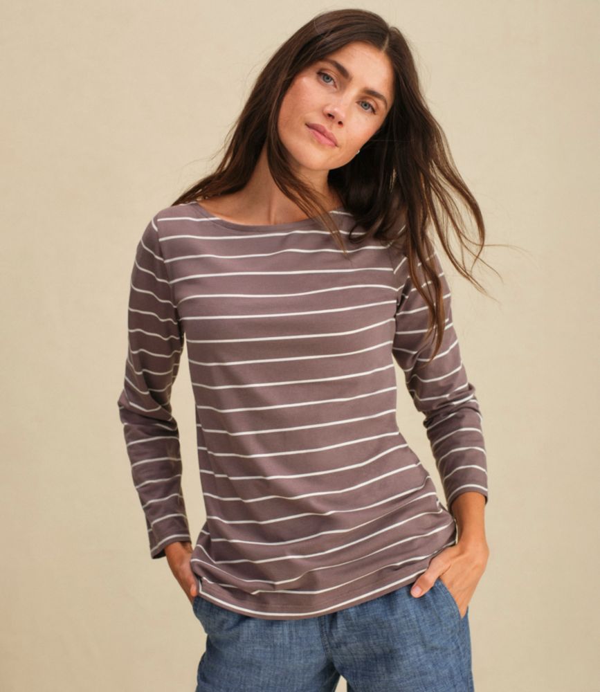 Women's Soft Stretch Supima-Blend Tee, Boatneck Bracelet-Sleeve Stripe