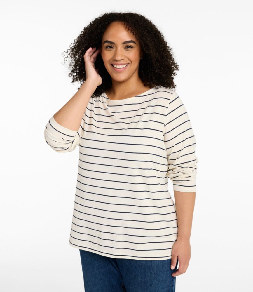 Women's Soft Stretch Supima-Blend Tee, Boatneck Bracelet-Sleeve Stripe