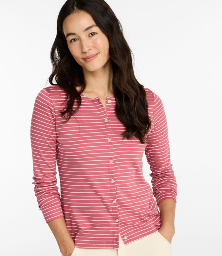 Women's Pima Cotton Tee, Long-Sleeve Crewneck Cardigan Stripe, New