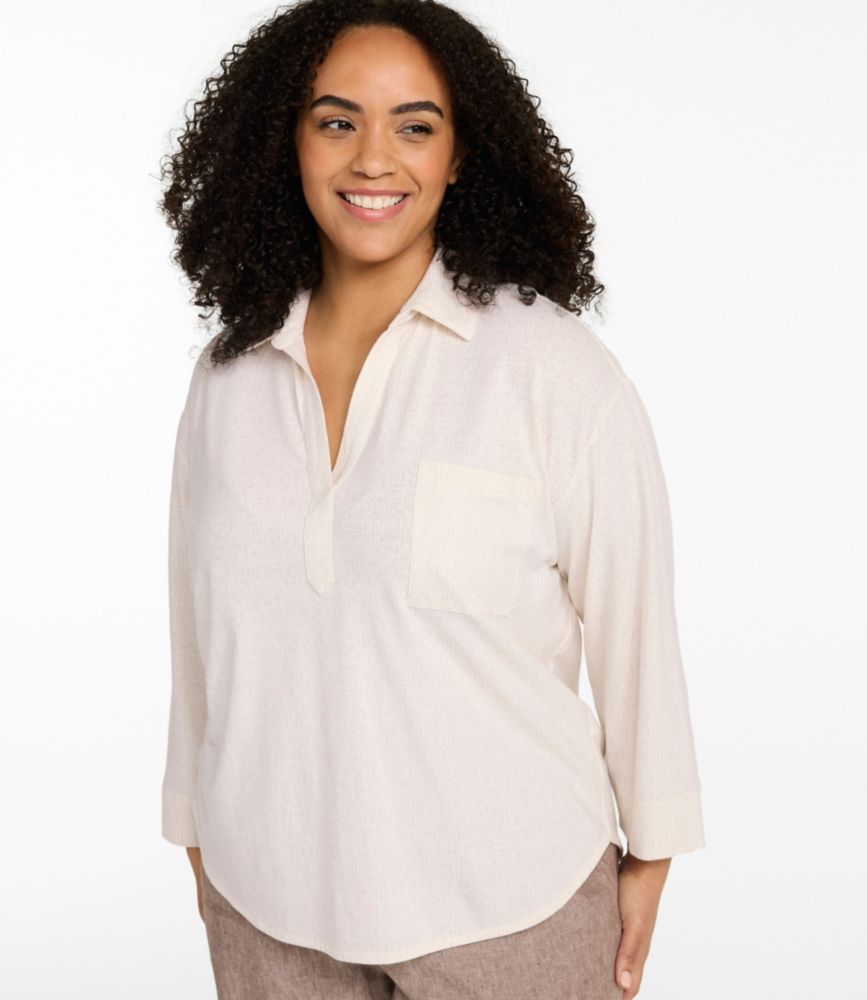 Women's Linen/Cotton Tee, Three-Quarter-Sleeve Splitneck Polo Print