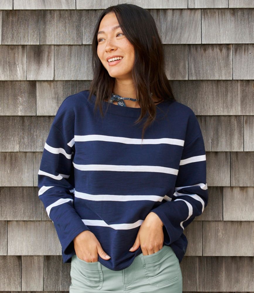 Women's Peaks Island Top, Relaxed Boatneck Long-Sleeve Stripe, White/Dark Salmon, small image number 6