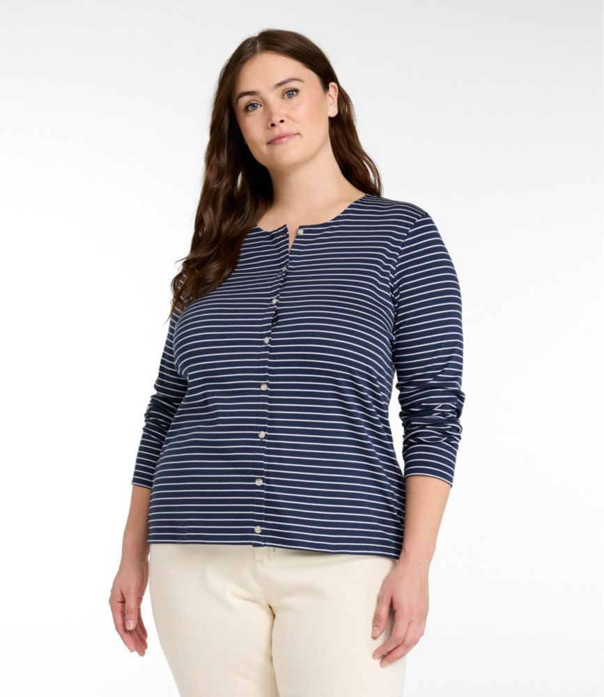 Women's Pima Cotton Tee, Long-Sleeve Crewneck Cardigan Stripe, Raven Blue/White, small image number 2