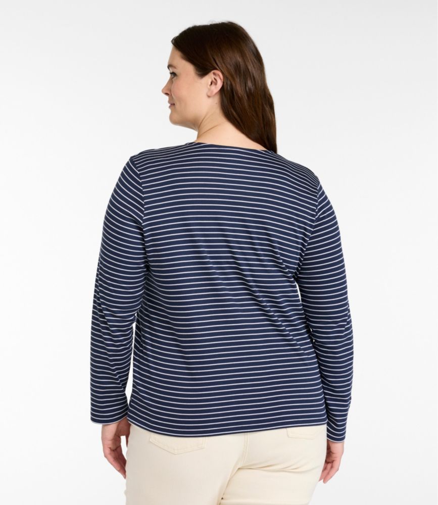 Women's Pima Cotton Tee, Long-Sleeve Crewneck Cardigan Stripe, Raven Blue/White, small image number 3