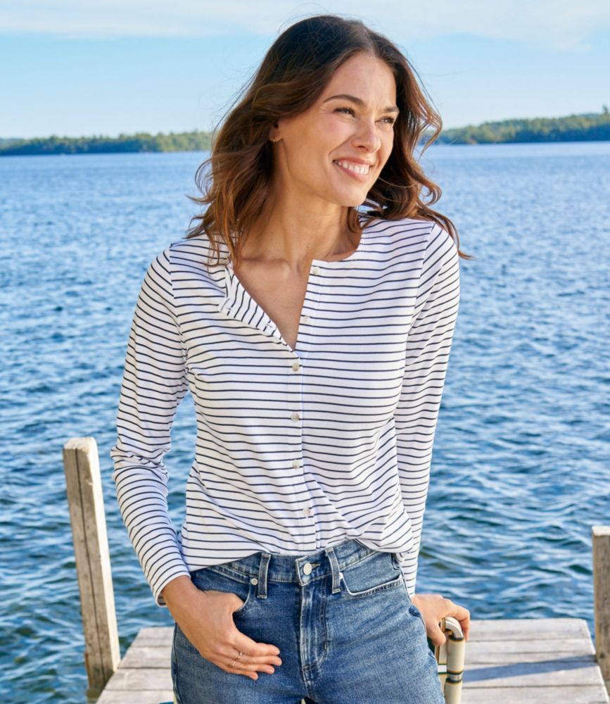 Women's Pima Cotton Tee, Long-Sleeve Crewneck Cardigan Stripe, Raven Blue/White, small image number 6