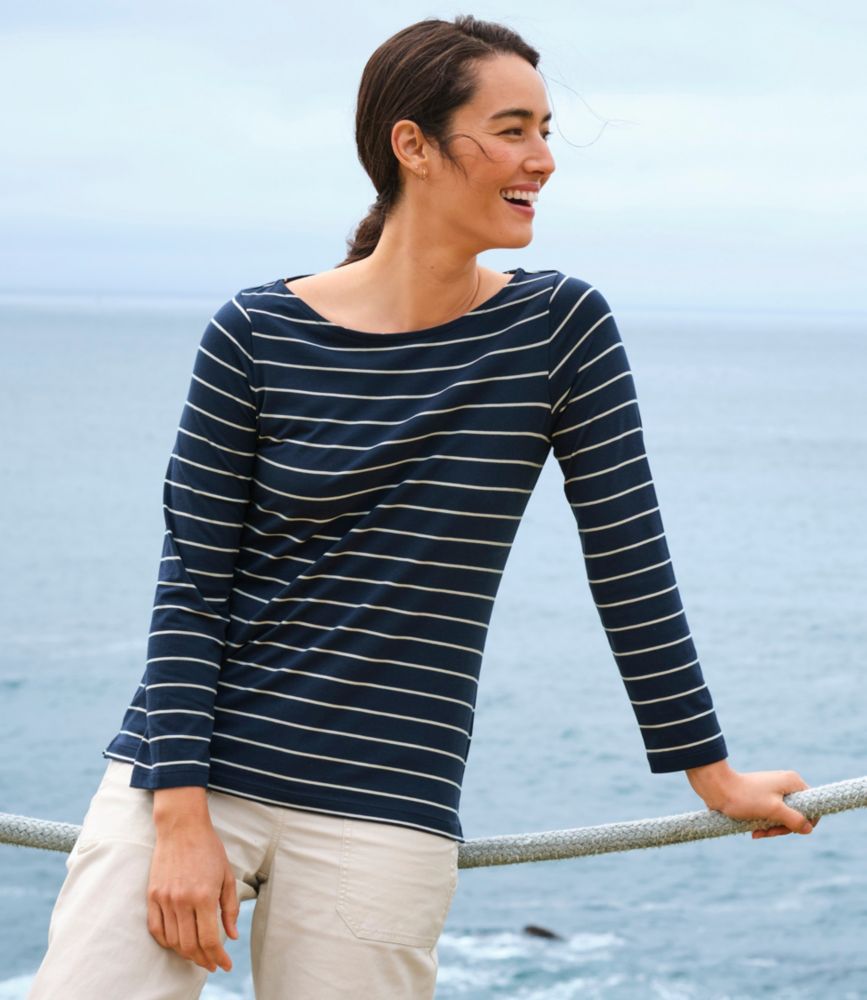 Women's Soft Stretch Supima-Blend Tee, Boatneck Bracelet-Sleeve Stripe