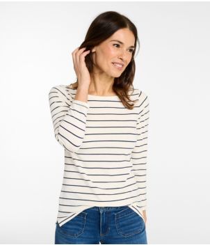 Women's Soft Stretch Supima-Blend Tee, Boatneck Bracelet-Sleeve Stripe, New