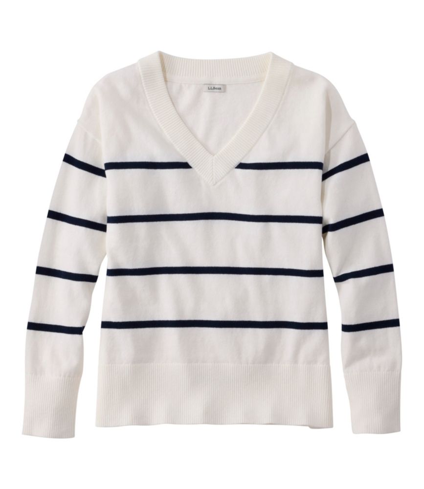 Women's Cotton/Cashmere Sweater, V-Neck Stripe