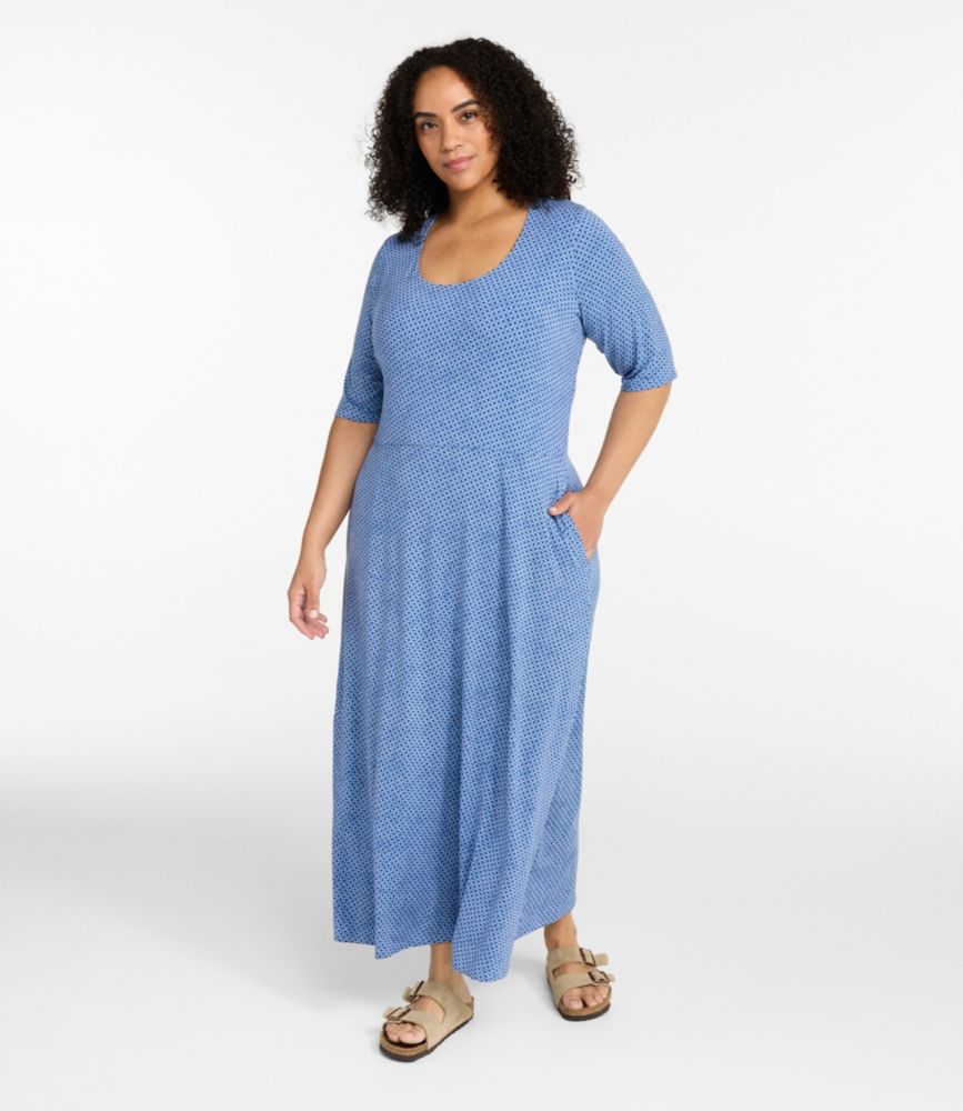 Women's Summer Knit Dress, Three-Quarter-Sleeve Scoopneck Print, Black Falling Floral, small image number 2